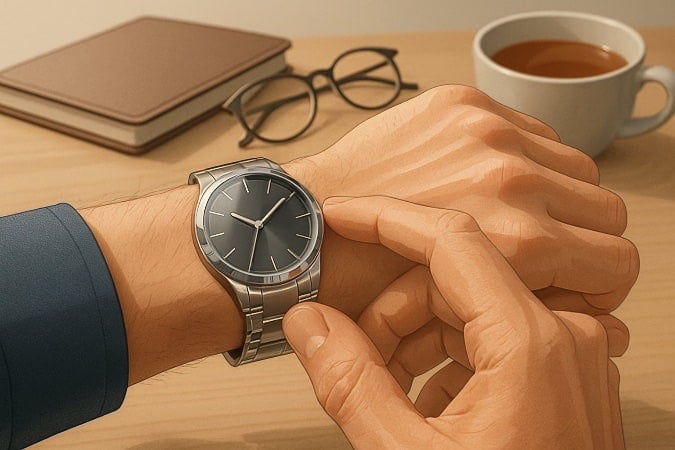 Close-up of a wrist watch with a journal and coffee in the background.