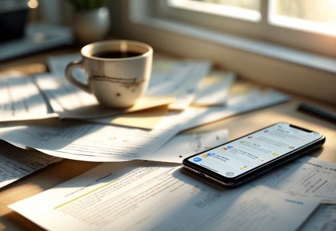 A coffee and a cell phone on a cluttered desk.