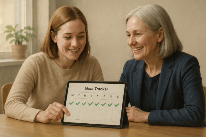 A female coach with her female client. They are looking at a habit-tracker.