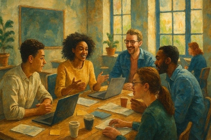 A group of productive workers at a table.