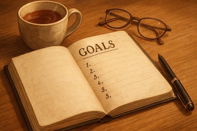 An open journal with a list titled, "Goals".