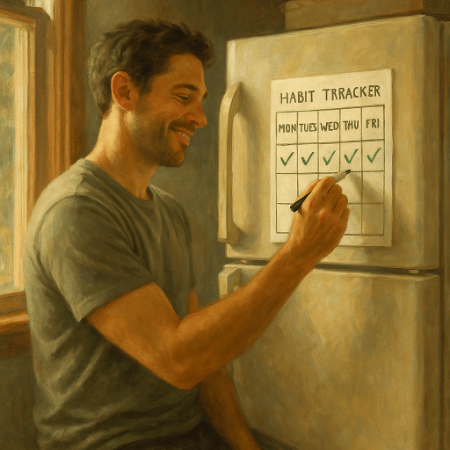 A man checking off his habit-tracker that's posted on the fridge.
