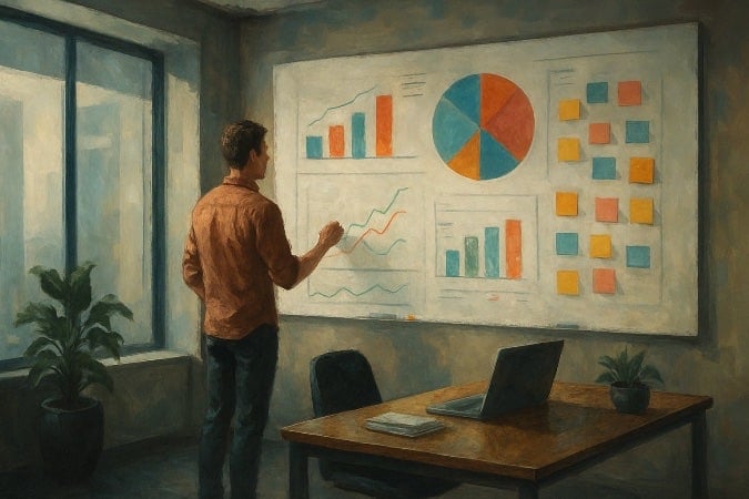 A man standing in front of a whiteboard full of charts.