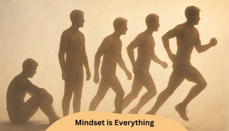 Silhouettes of a man going from sitting on the ground to standing to running, representing the concept that mindset is everything.