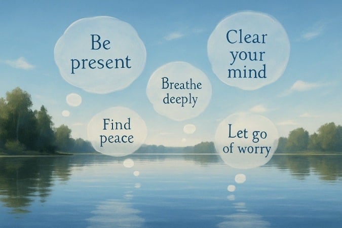 Thought bubbles over a lake. The bubbles have inspiring statements in them.