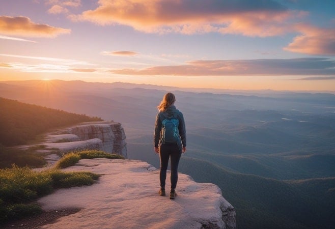 A woman at the edge of a large canyon looking out at it.