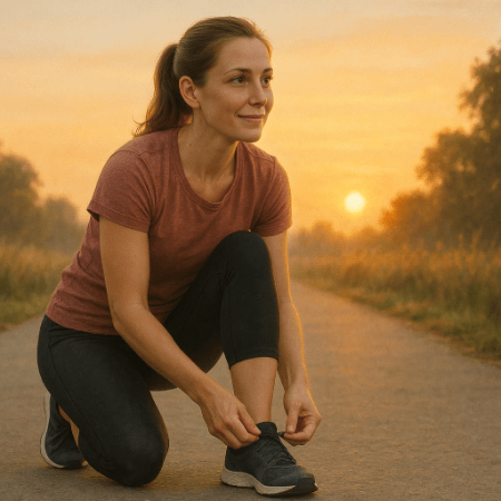 A female runner tying her shoe.