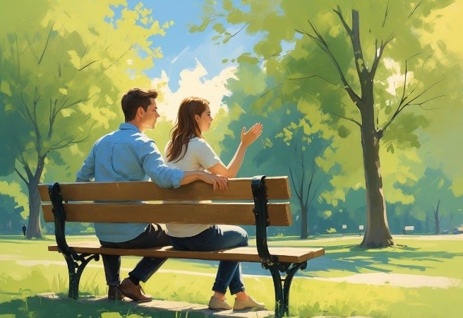 A couple on a park bench talking.