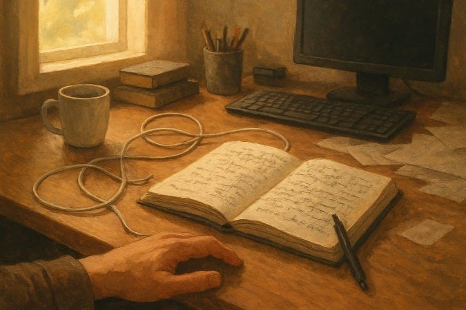 A journal, coffee cup and pen on a workdesk.