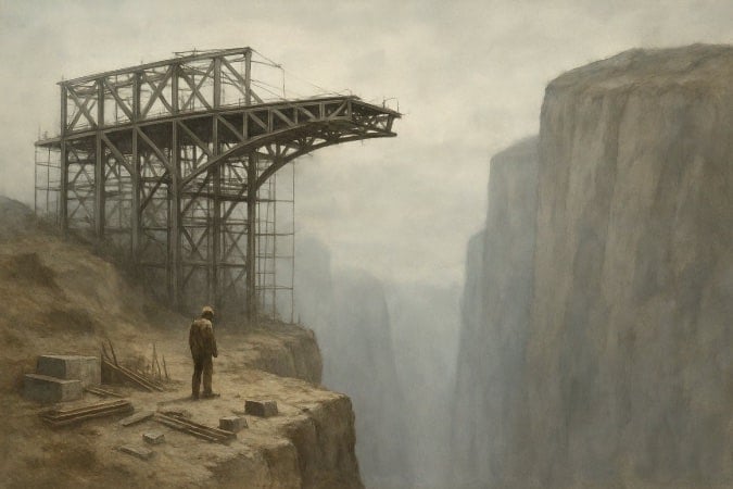 A bridge being built over a large chasm.