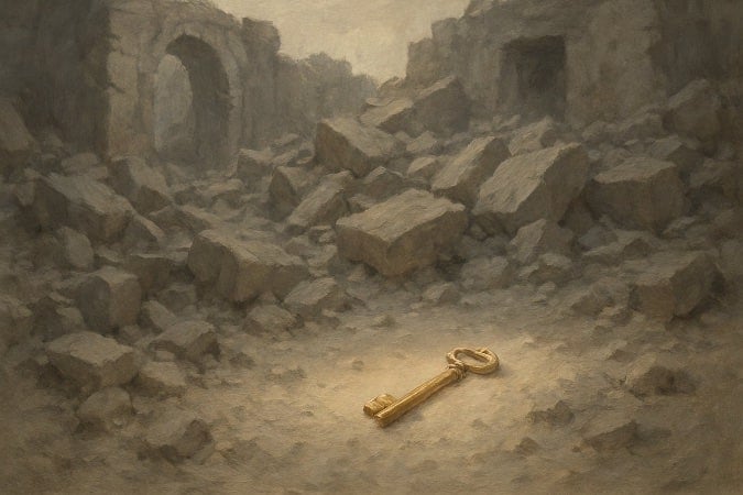 A large golden key surrounded by grey rubble.