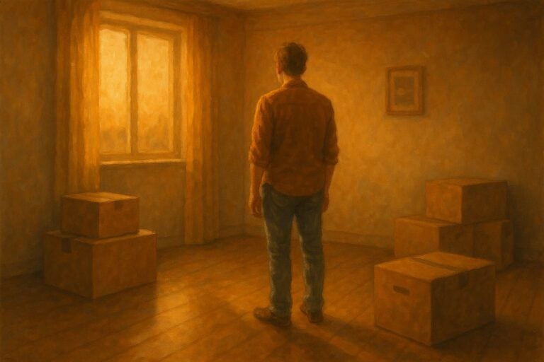 A man in a room with moving boxes. He's facing obstacles in life.
