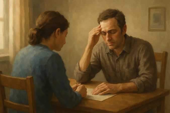 Two people at a table talking about a problem.