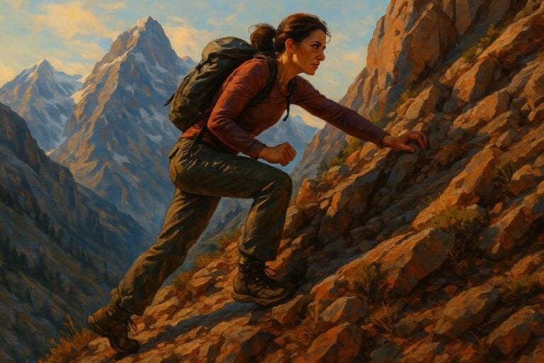 A woman hiking up a mountain.