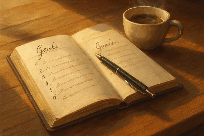An open journal on a desk with some goals written on it.