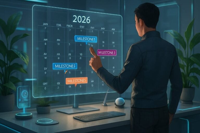 A man planning their goals for 2026 on a large futuristic screen.