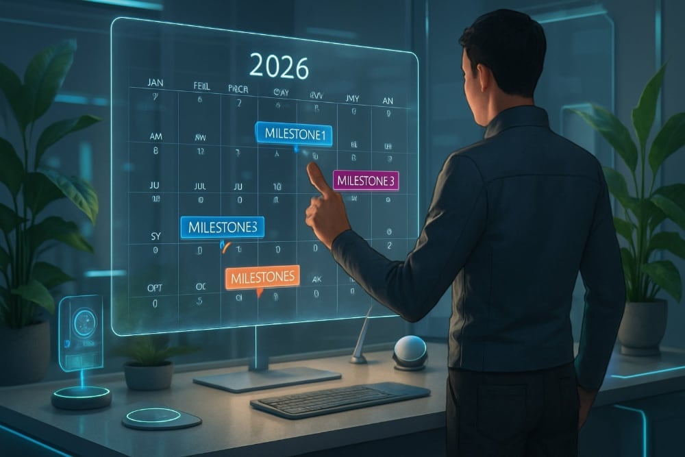 A man planning their goals for 2026 on a large futuristic screen.