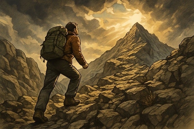 A hiker climbing up a mountain.