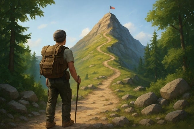 A man on a hiking path looking at the path as it continues up a steep mountain. 