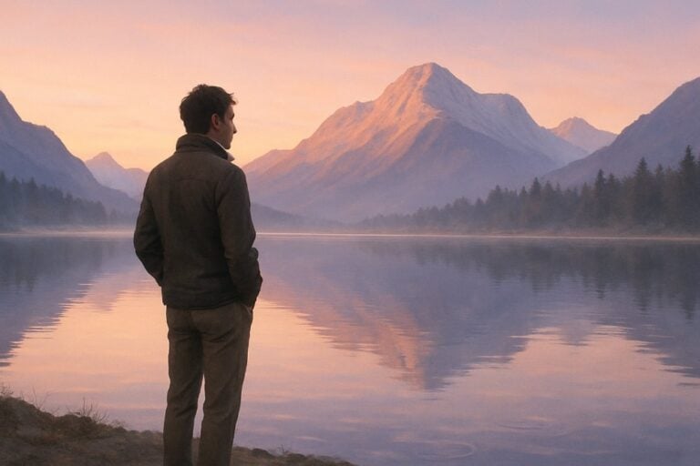 A man standing at the shore of a lake.