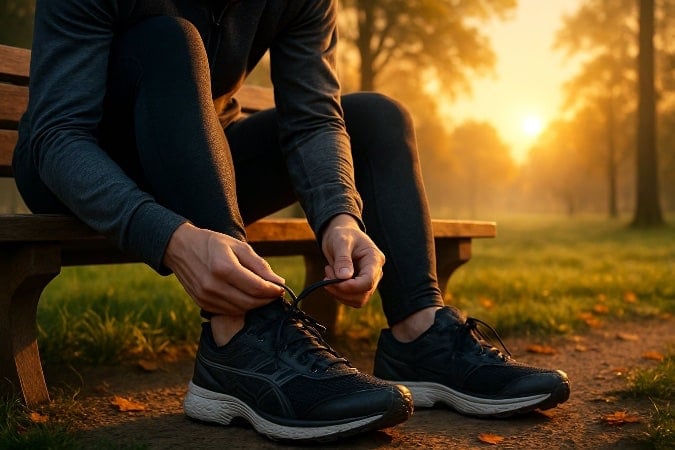 A running sitting on a park bench tying up their running shoes. 