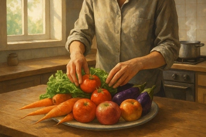 A person grabbing a tomato from a plate of vegetables and fruit that's on a table in the kitchen. 