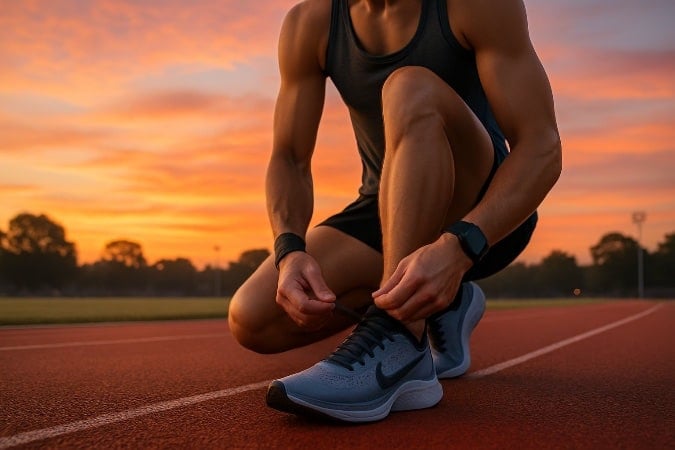 An athlete at a track, tying his shoes.