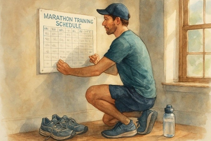 A runner writing on a white board to create a plan for training. 