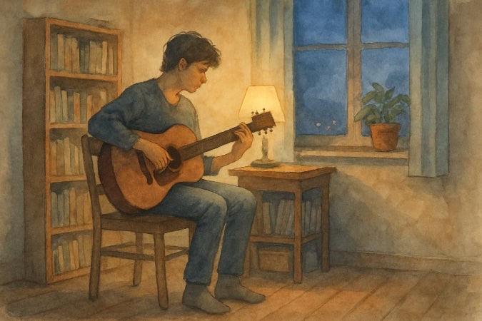 A man practicing guitar in his living room. 