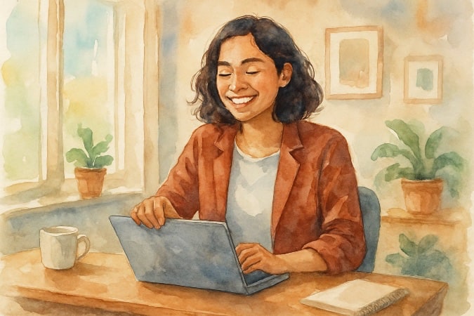 A woman working on her laptop while at a table.  