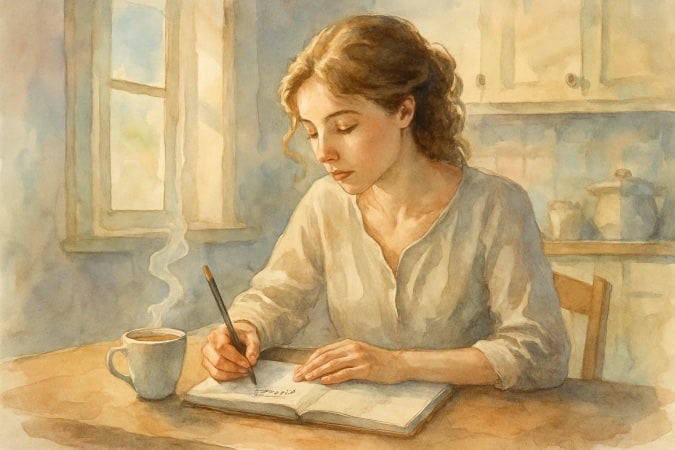 A woman working on her laptop, sitting at a table. 
