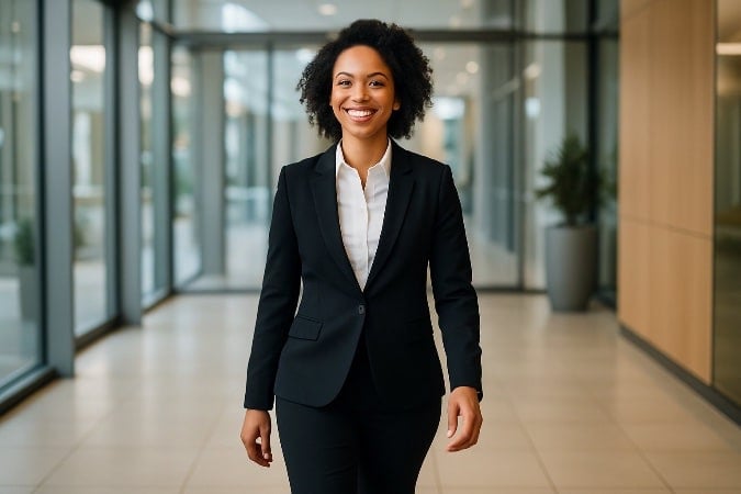 A smiling woman dressed in a suit while at work. 