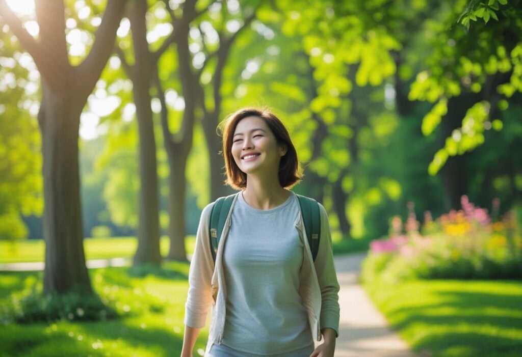 A woman with a can-do attitude, smiling while going for a walk.
